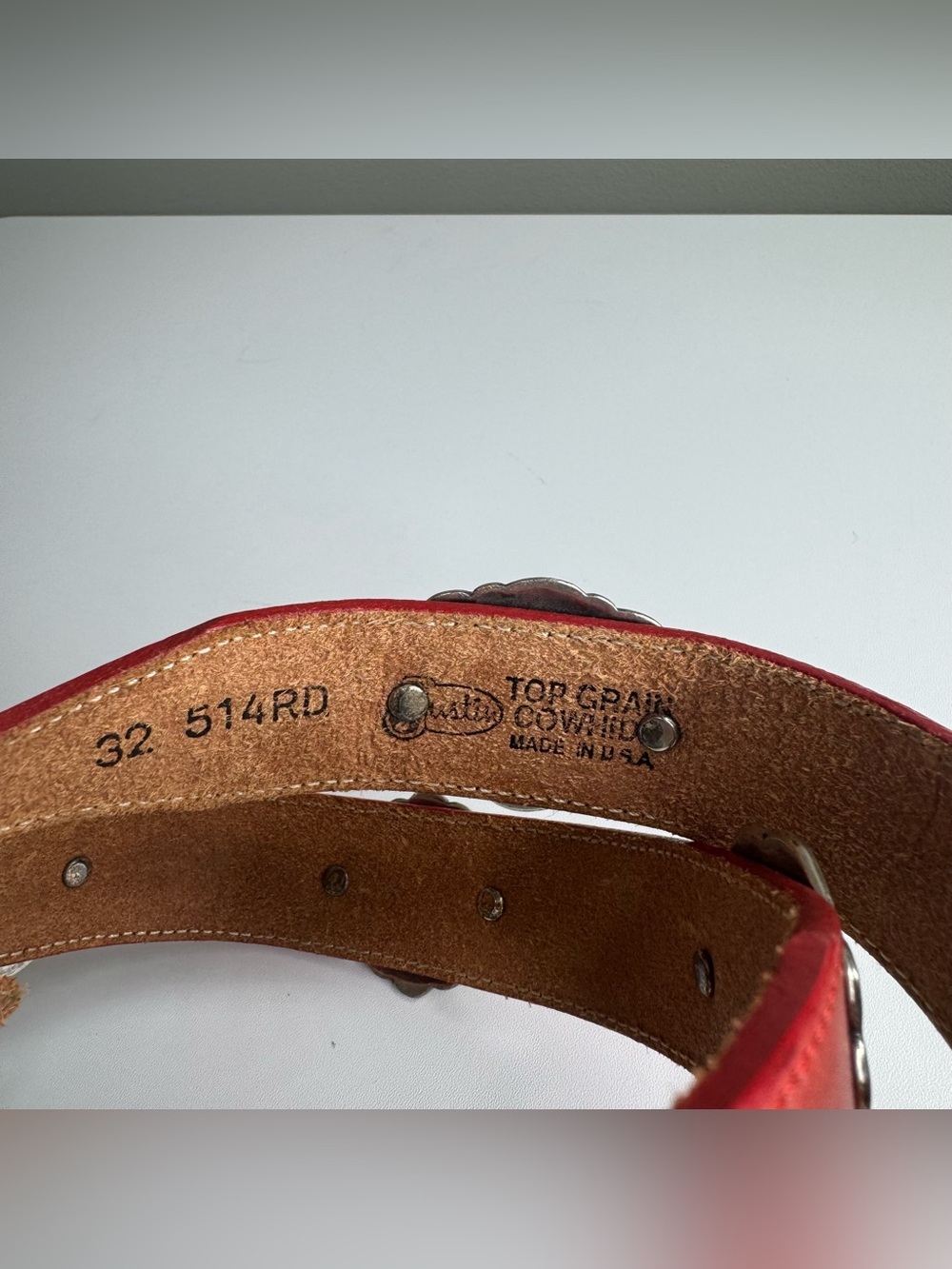 Vintage Justin Western Red Leather Silver Concho Belt Size 32 No Buckle Rodeo - Picture 3 of 10